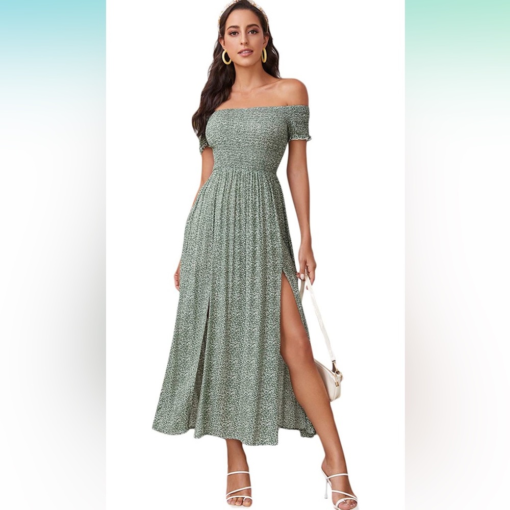 NWT Floerns Boho Floral Print Off Shoulder Split Long A Line Dress